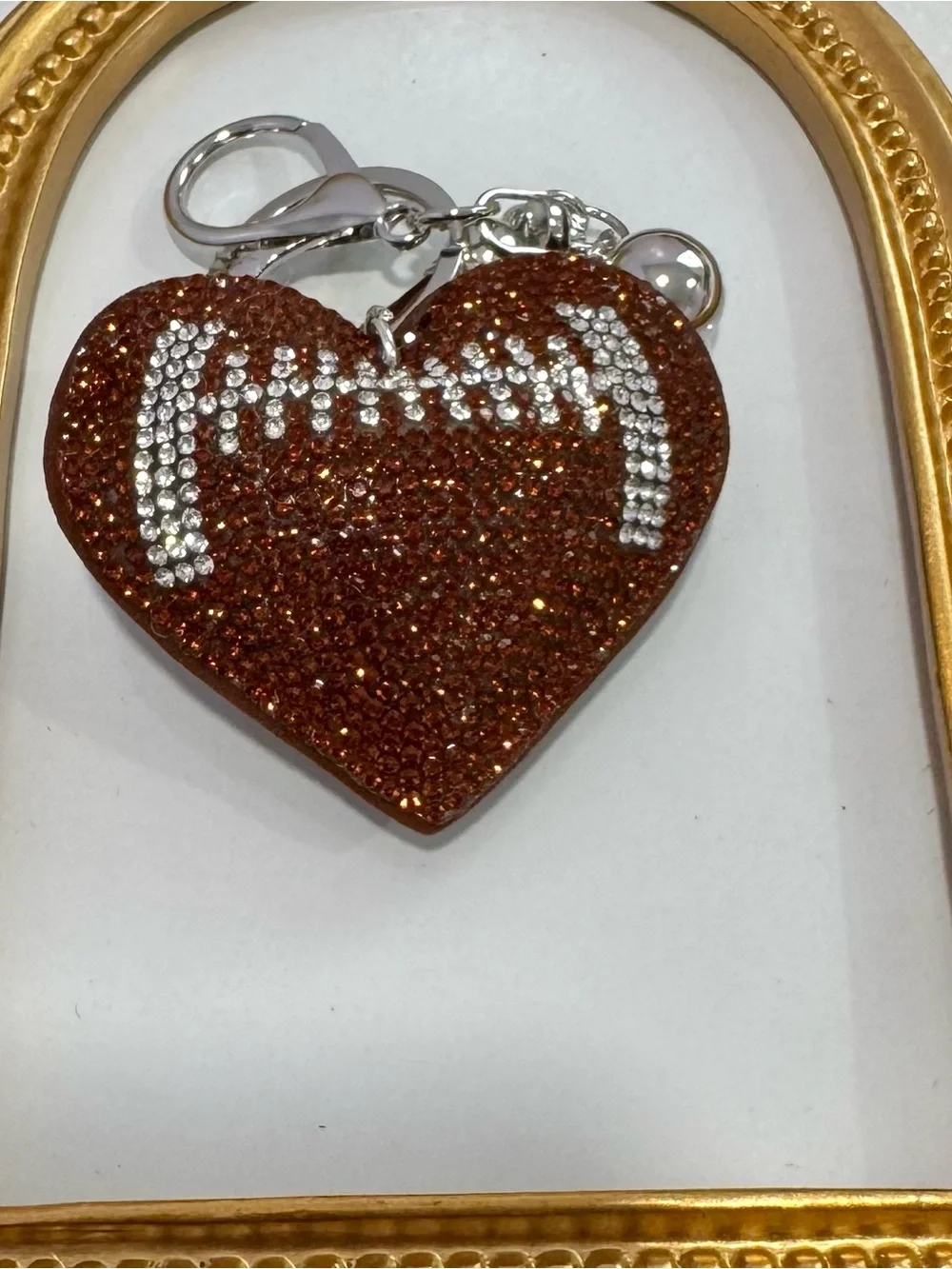 New Brown Football Crystal Heart Keychain
